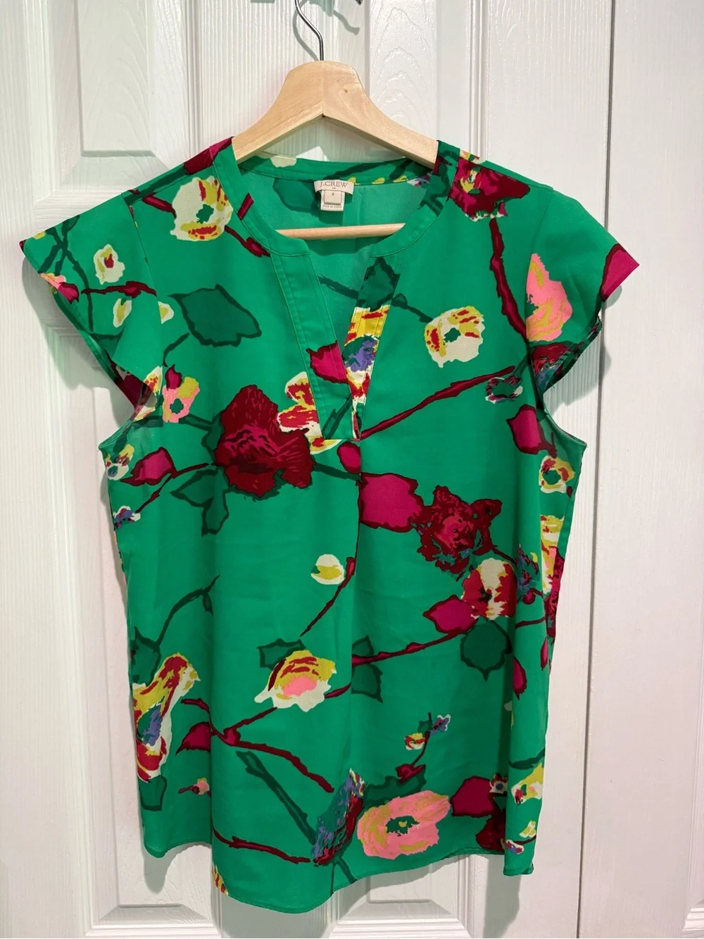 Floral Drapey Cap-Sleeve Blouse - Green